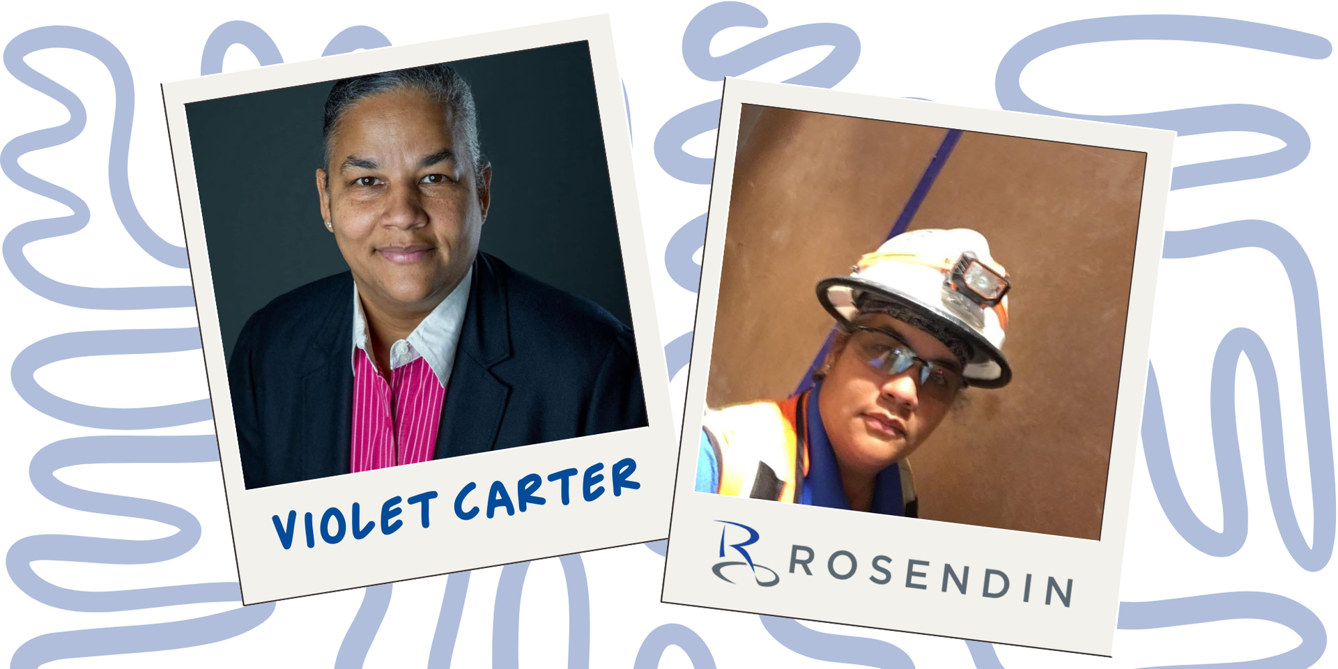 Two images of Violet Carter in polaroid frames with her name written underneath of one and Rosendin Electric's logo under the other.