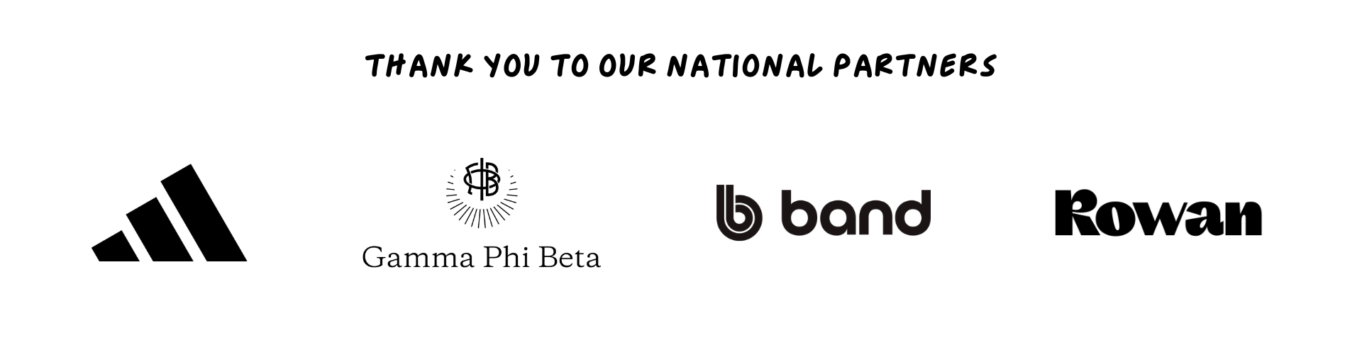 Footer with list of sponsors including adidas, Gamma Phi Beta, BAND, and Rowan.